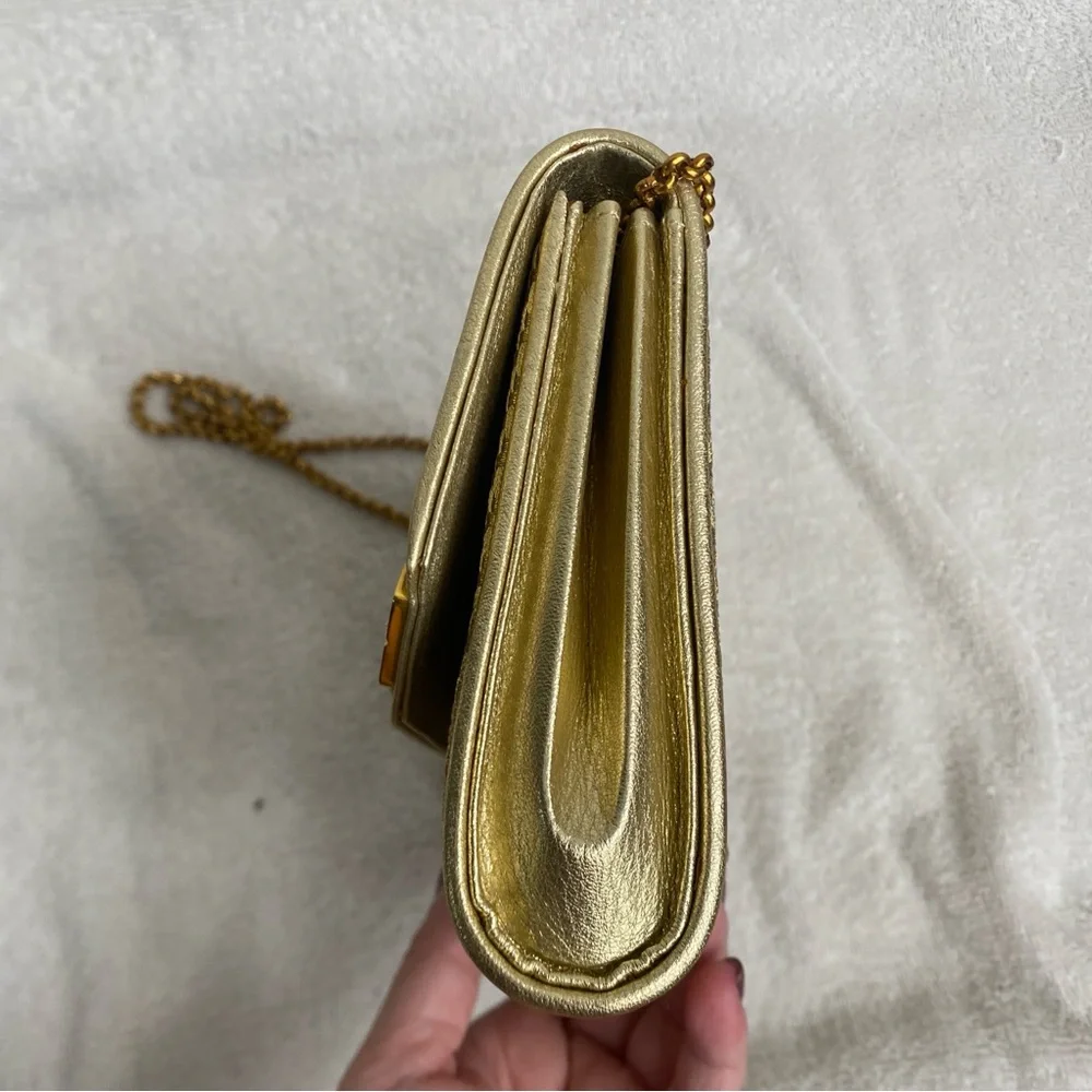 Vintage Gucci Women Metallic Gold Woven Clutch Shoulder Chain Bag Luxury Classic - Picture 7 of 16